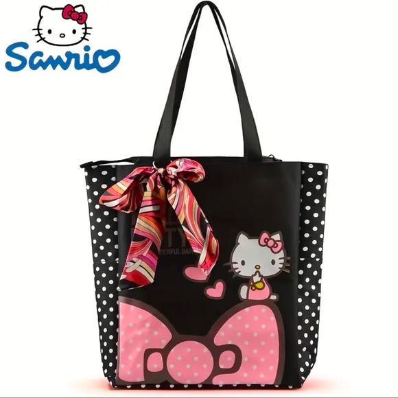 Sanrio Handbags - Hello Kitty For Emma Lg Canvas Shoulder Bag Tote Bag W/2 Satin Bows NWT